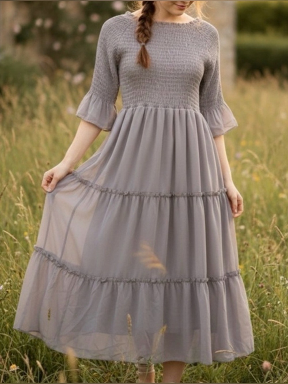 JESSAKAE NWT Smocked Wandering Willoughby Midi Dress *Dusty Lavender Gray S